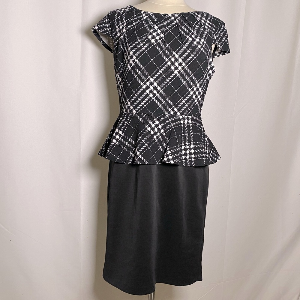 CONNECTED APPAREL | Black and white plaid peplum dress with pencil skirt